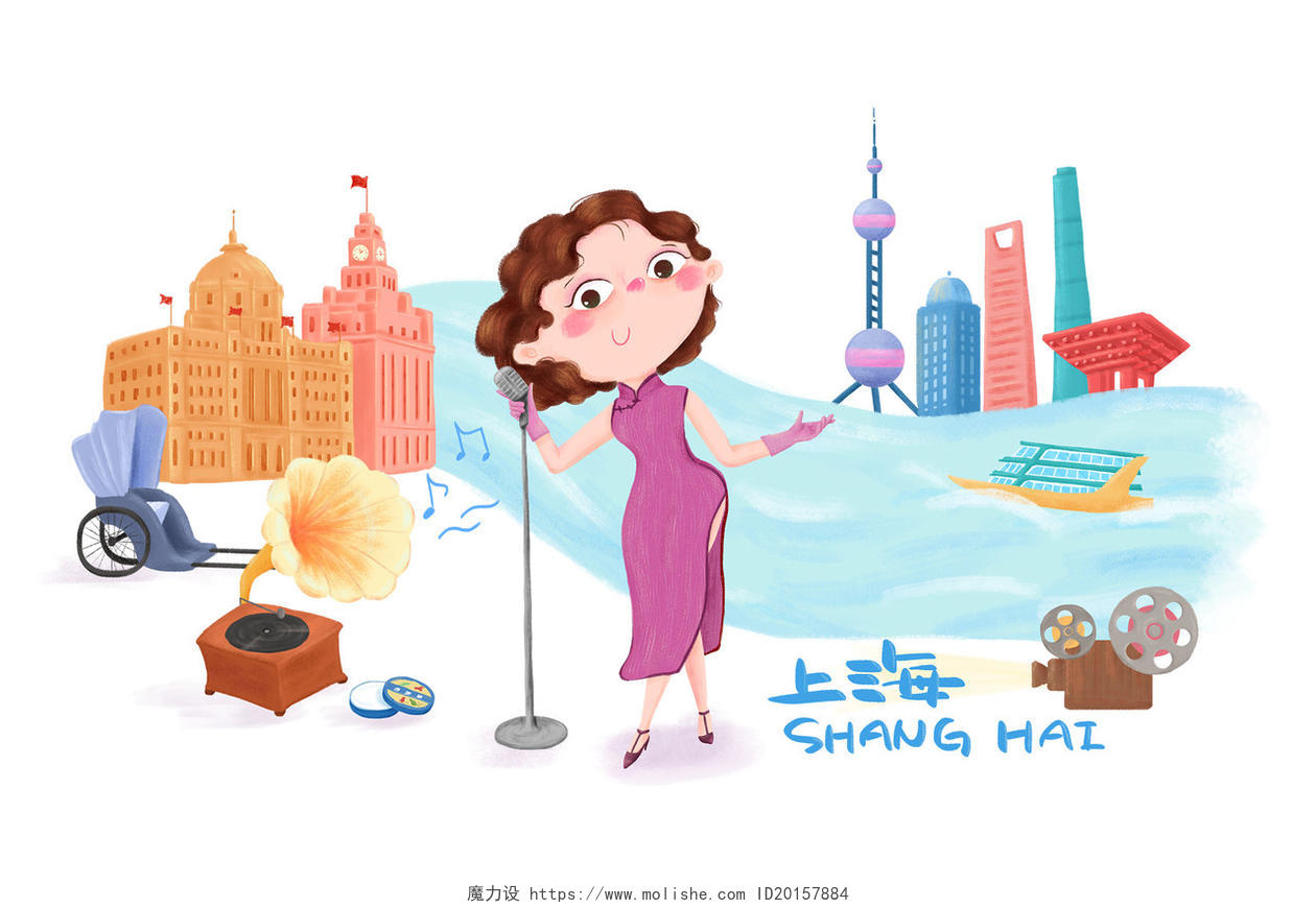 旅游季上海手绘卡通素材